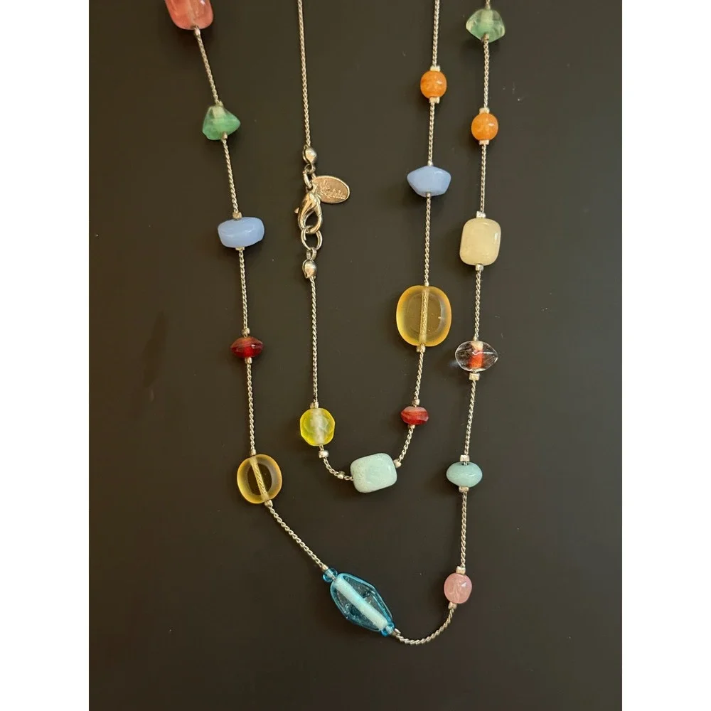 Lia Sophia Multi Color Bead Station Necklace Silver Tone Long 38 Inch Boho